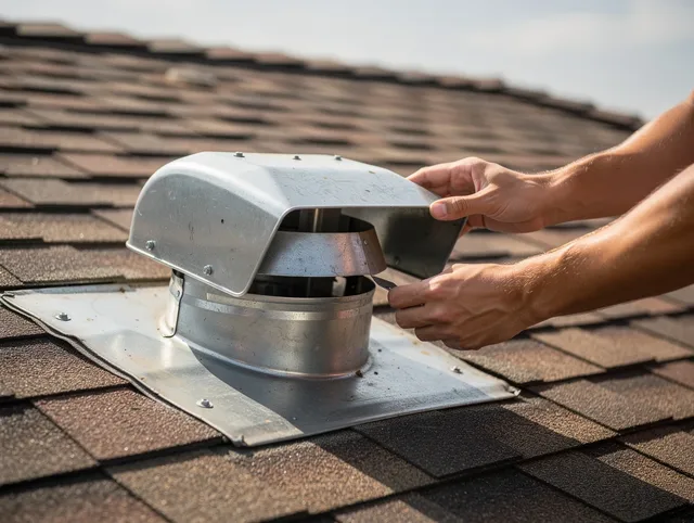 Pompano Beach Dryer Vent Cleaning certified technician safely cleaning a roof-mounted dryer vent in Pompano Beach
