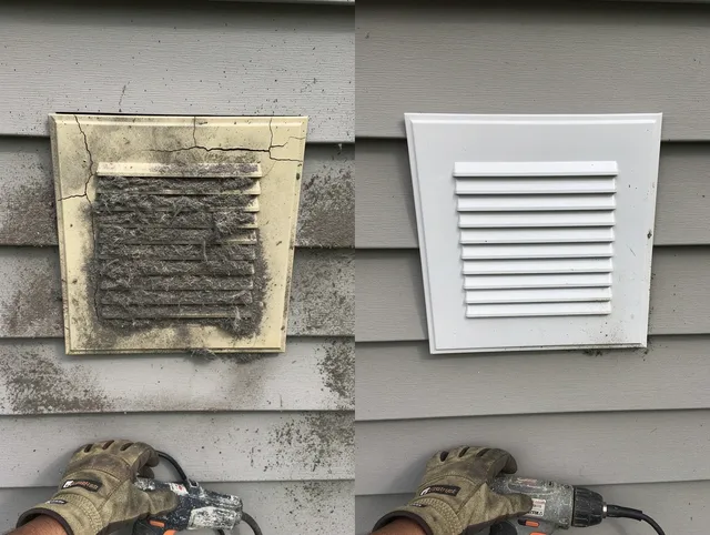 Pompano Beach Dryer Vent Cleaning technician installing high-quality dryer vent cover at a residential property in Pompano Beach