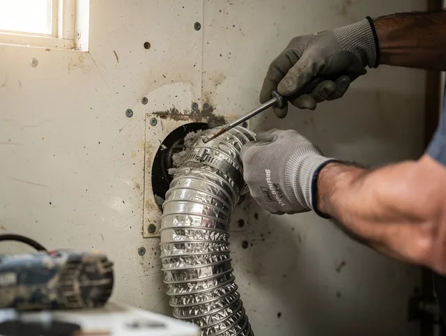Pompano Beach Dryer Vent Cleaning technician performing precise dryer vent hose installation in Pompano Beach